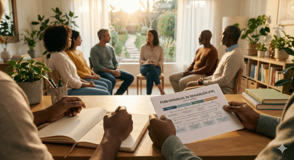 Manos colaborando sobre un Plan Individual de Reparación (PIR) y un diario abierto en un grupo de terapia de AVASIS Sevilla, simbolizando la reconstrucción personal y el apoyo integral.